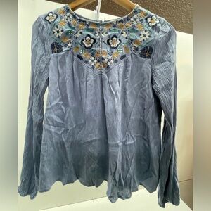 Women's Light Blue Embroidered Long-Sleeve Blouse